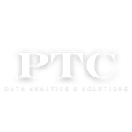 PTC Data Analytics & Solutions logo with bold, serif font for ‘PTC’ and smaller, clean text underneath reading ‘Data Analytics & Solutions,’ designed in white on a black background.